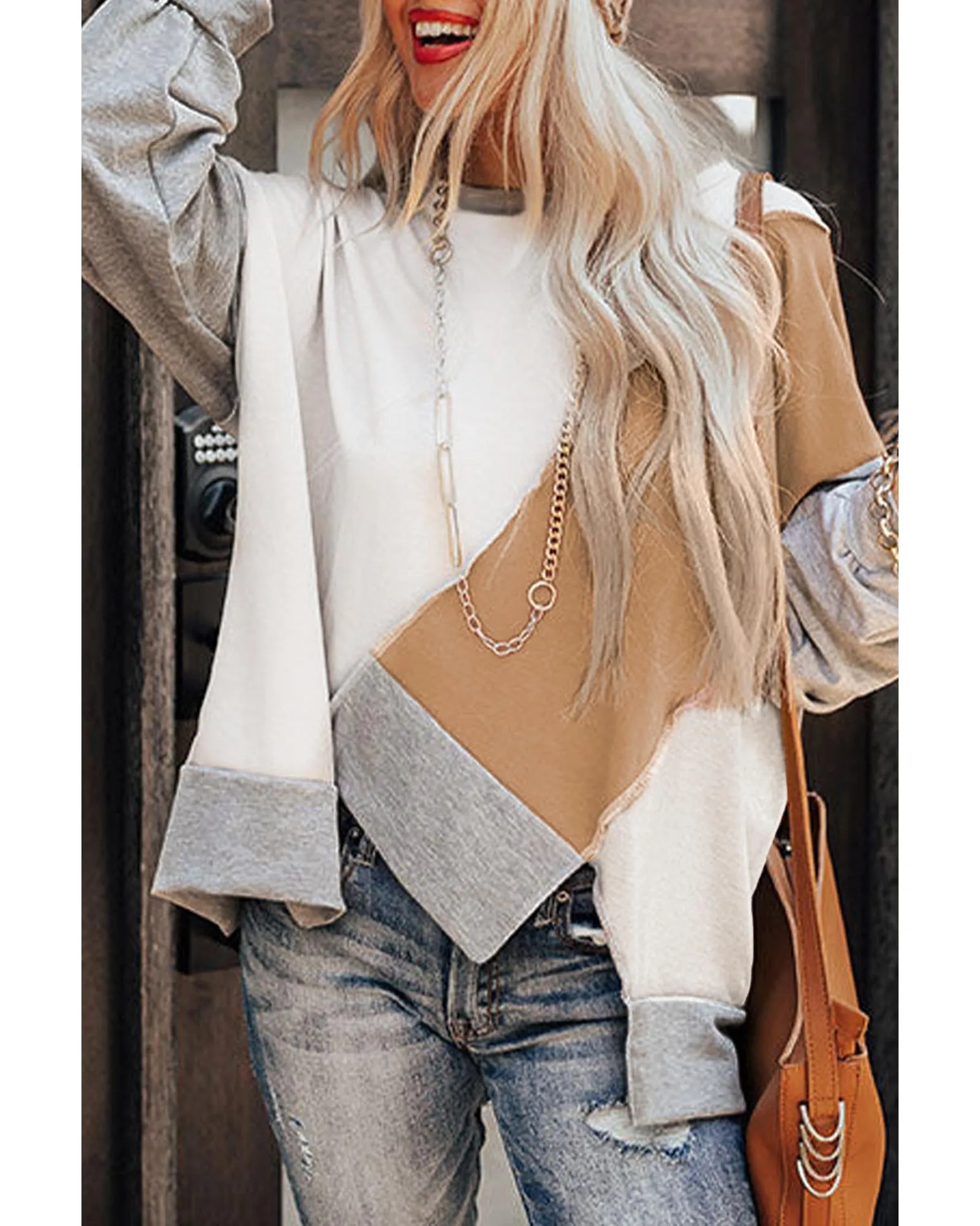 Azura Exchange Colorblock Stitching Irregular Hem Long Sleeve Top - M