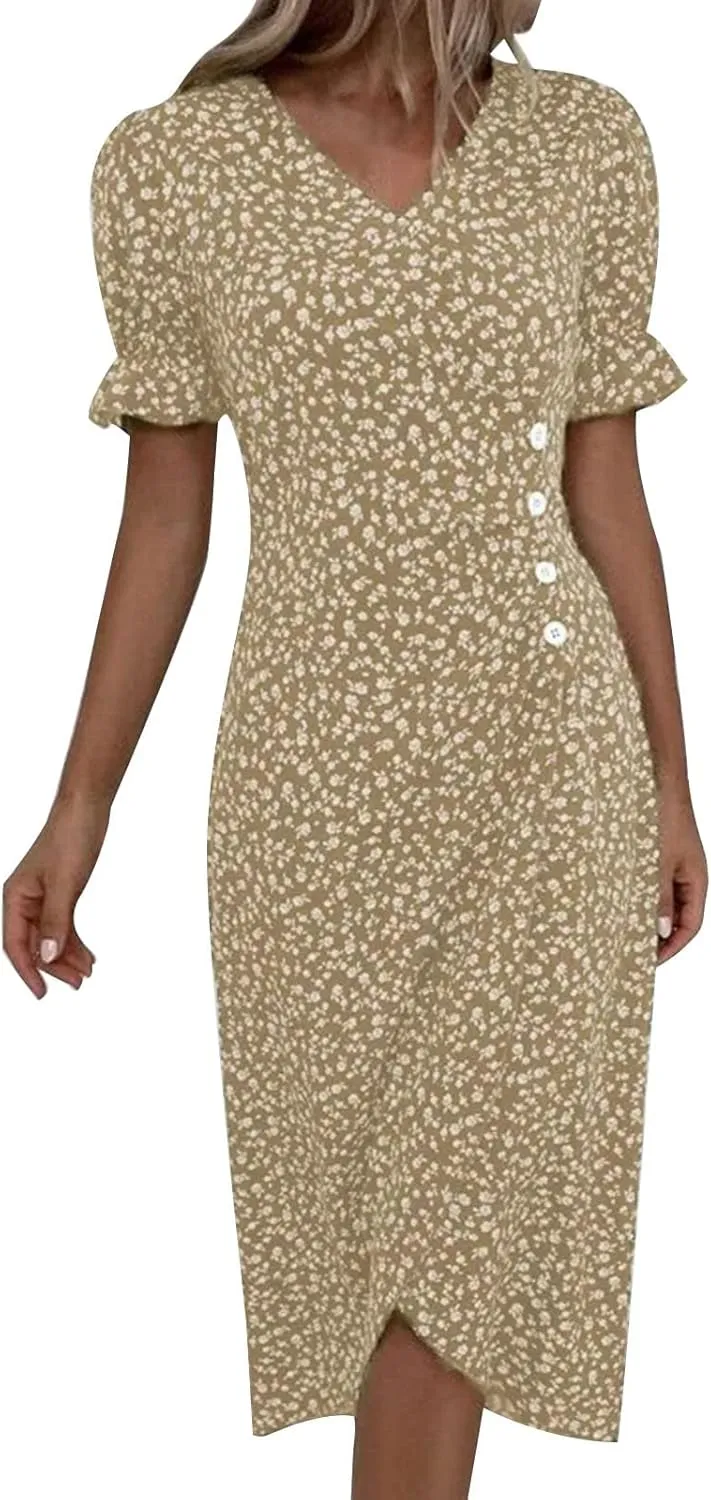 Beach Dresses for Women 2024 Vacation Trendy Elegant V Neck Floral Sundress High-Low Hem Flowy Midi Dress
