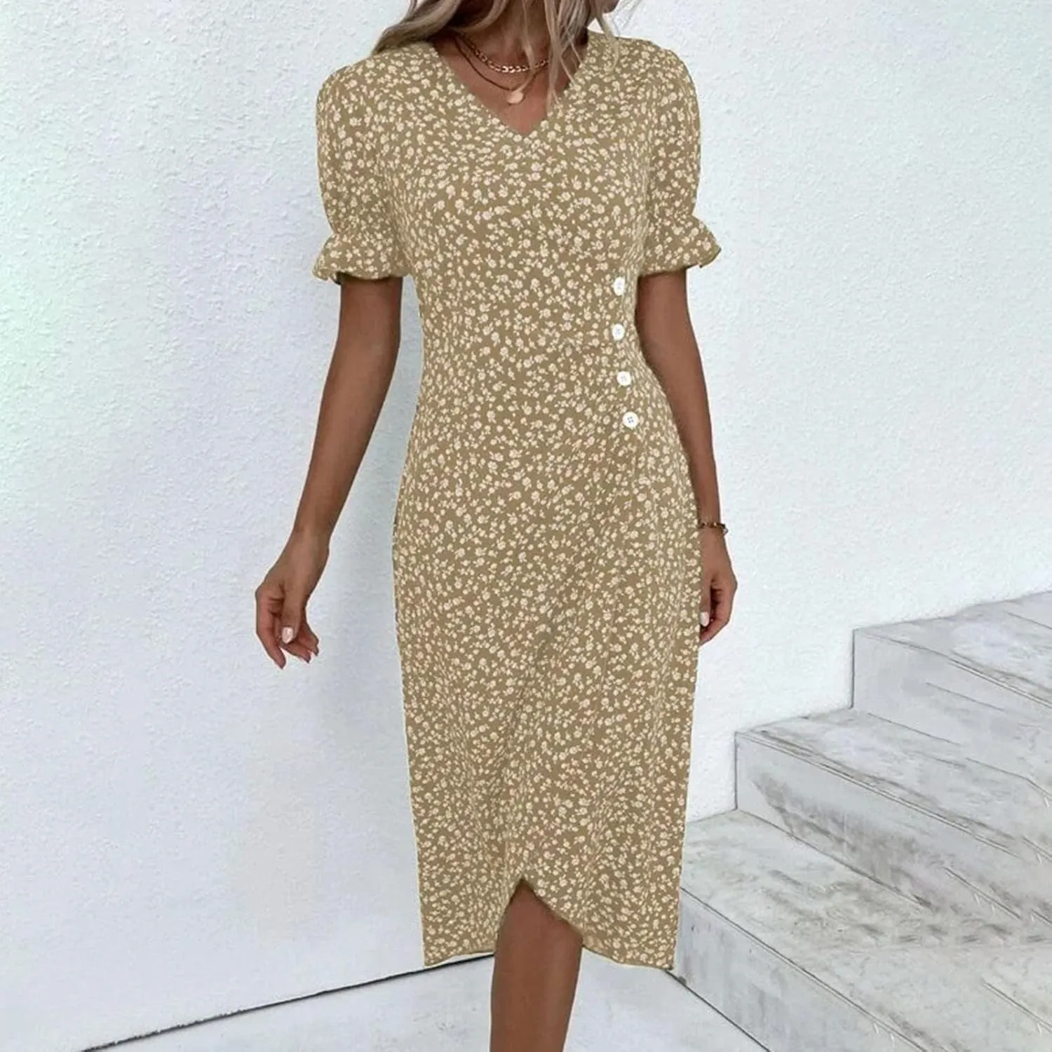 Beach Dresses for Women 2024 Vacation Trendy Elegant V Neck Floral Sundress High-Low Hem Flowy Midi Dress