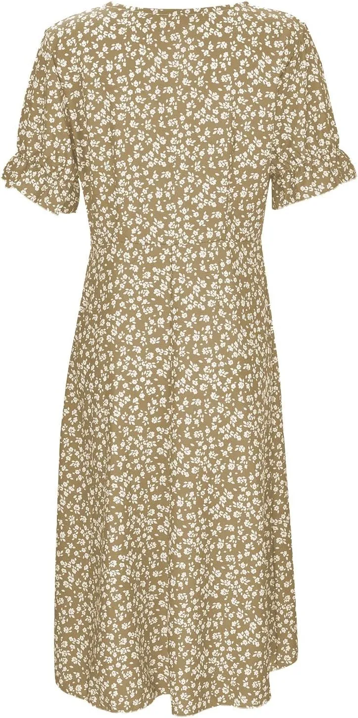 Beach Dresses for Women 2024 Vacation Trendy Elegant V Neck Floral Sundress High-Low Hem Flowy Midi Dress