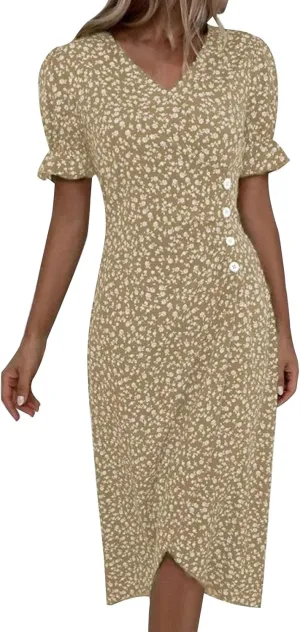 Beach Dresses for Women 2024 Vacation Trendy Elegant V Neck Floral Sundress High-Low Hem Flowy Midi Dress