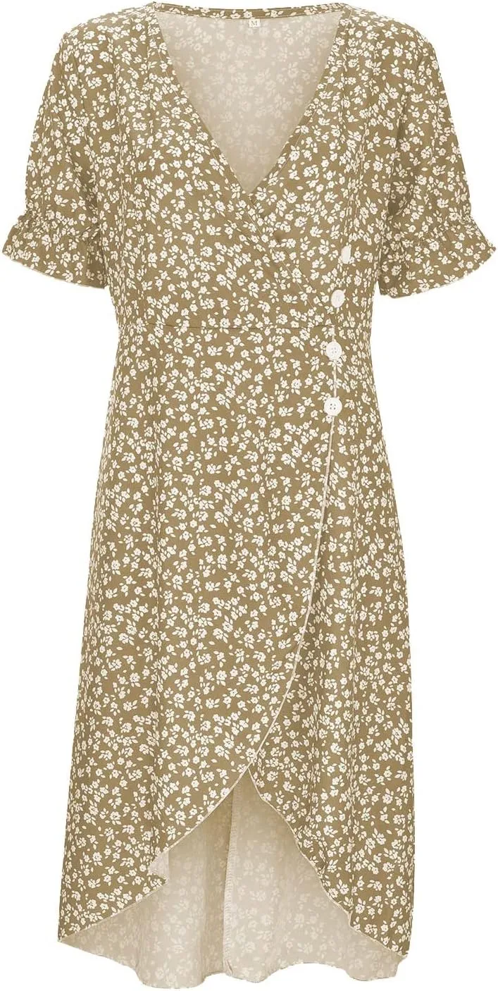 Beach Dresses for Women 2024 Vacation Trendy Elegant V Neck Floral Sundress High-Low Hem Flowy Midi Dress
