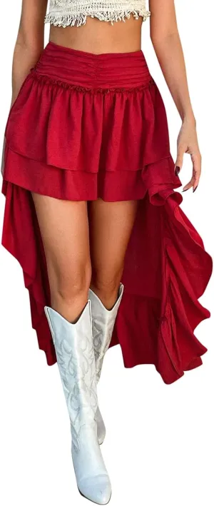 Beach Skirt Womens High Elastic Waist Pleated Double Ruffles Casual Patchwork Midi Skirts for Summer Vacation