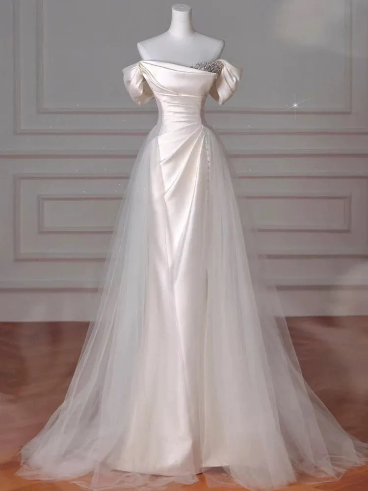 Beautiful Sheath Satin Long Prom Dresses Wedding Evening Dress