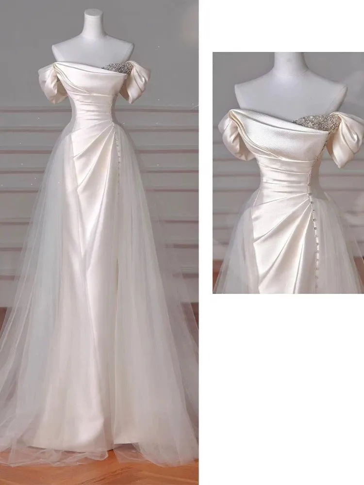 Beautiful Sheath Satin Long Prom Dresses Wedding Evening Dress