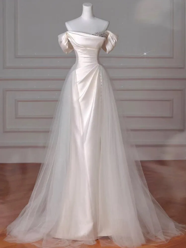 Beautiful Sheath Satin Long Prom Dresses Wedding Evening Dress