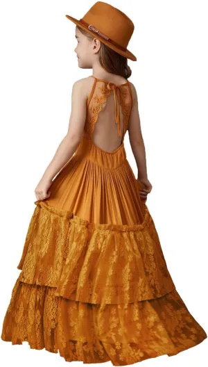 BIBIHOU Girls Kids Lace Back Full-Length Backless Tulle Party Holiday Formal Flower Girl Dress