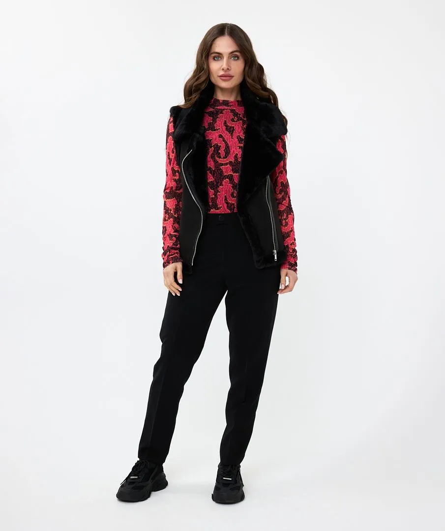Black Faux Fur and Suede Gilet with Zip Detail