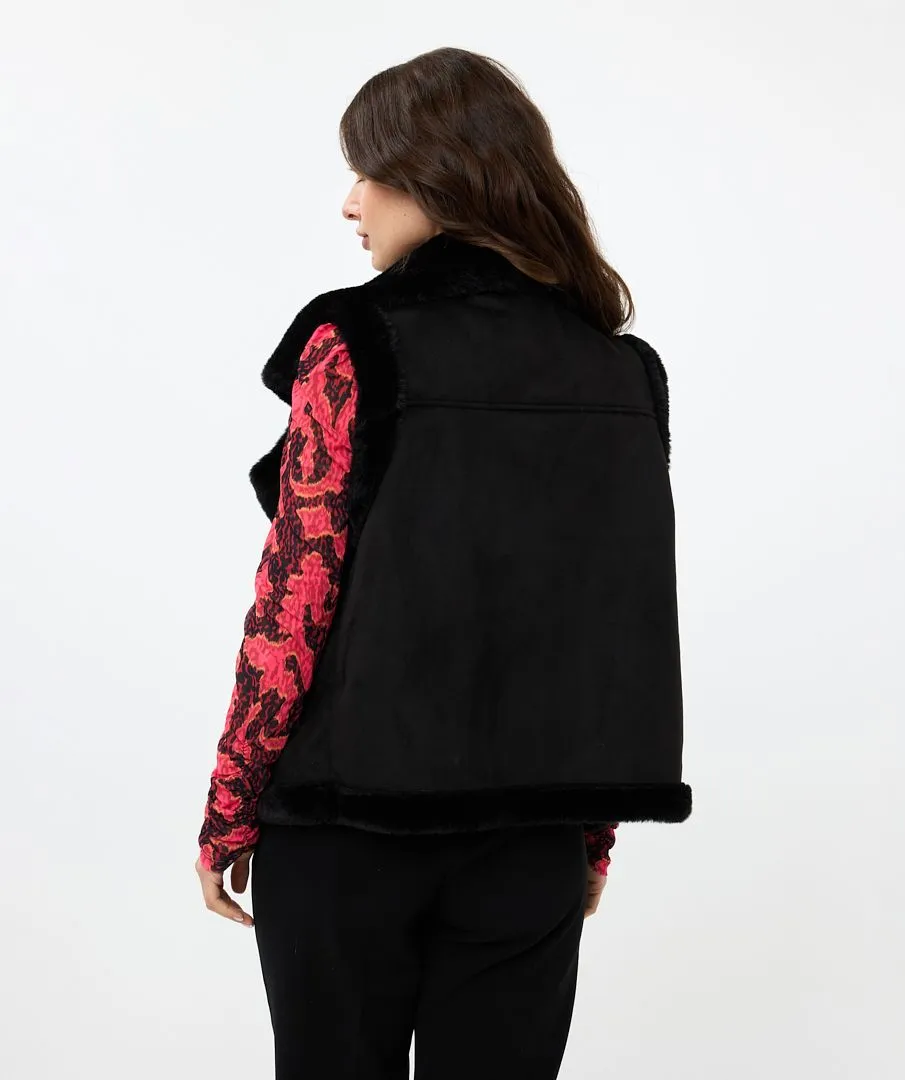 Black Faux Fur and Suede Gilet with Zip Detail
