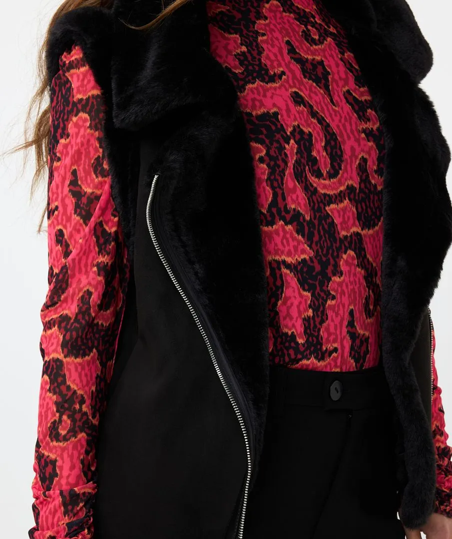 Black Faux Fur and Suede Gilet with Zip Detail
