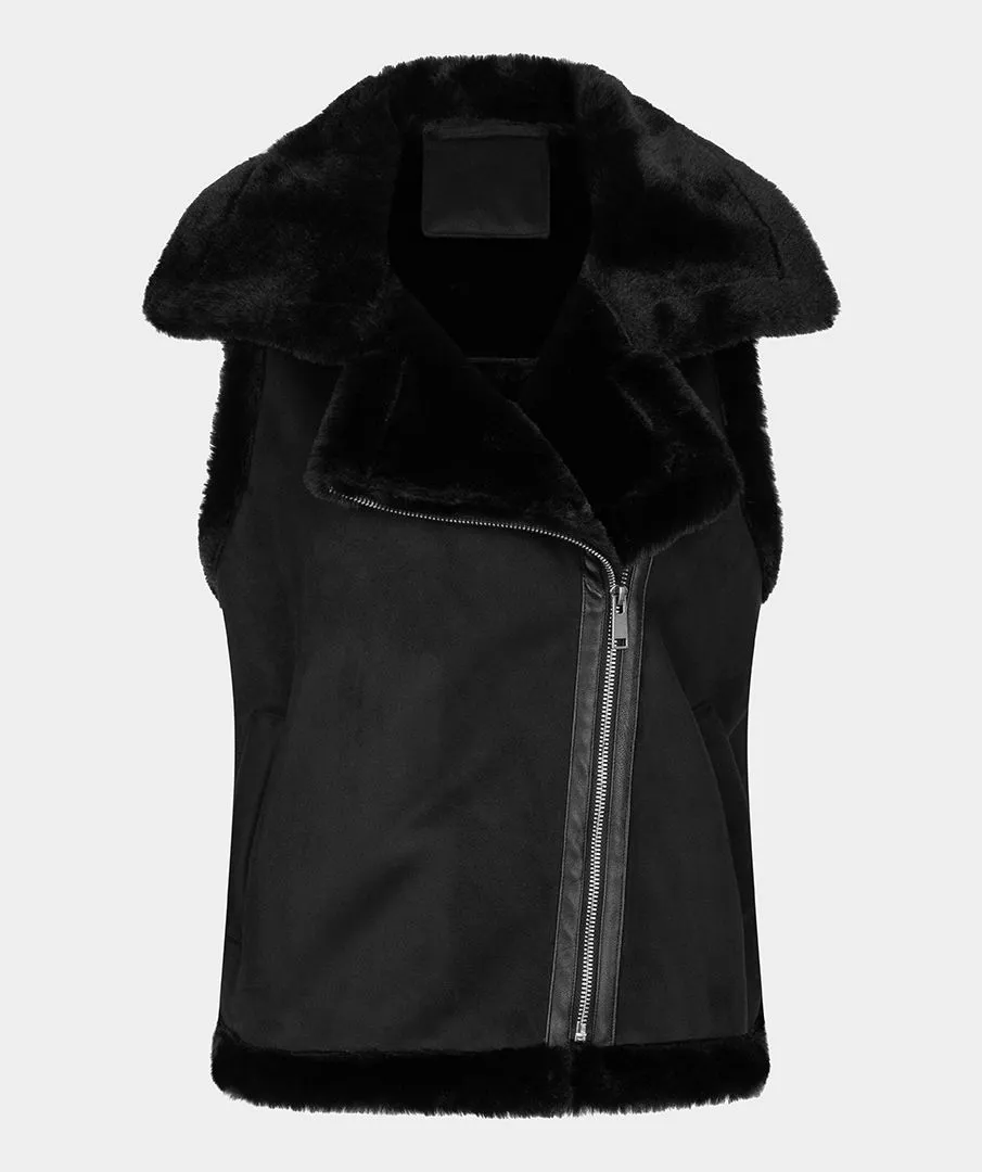 Black Faux Fur and Suede Gilet with Zip Detail