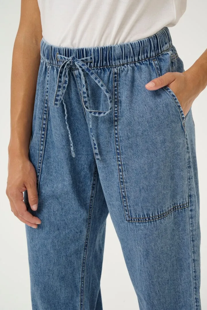 BLUE STONE WASH DRAWSTRING STRAIGHT LEG PANT