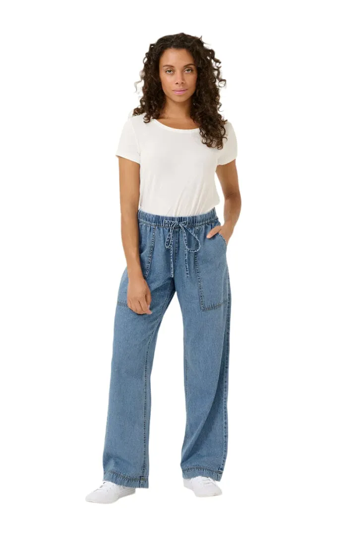 BLUE STONE WASH DRAWSTRING STRAIGHT LEG PANT