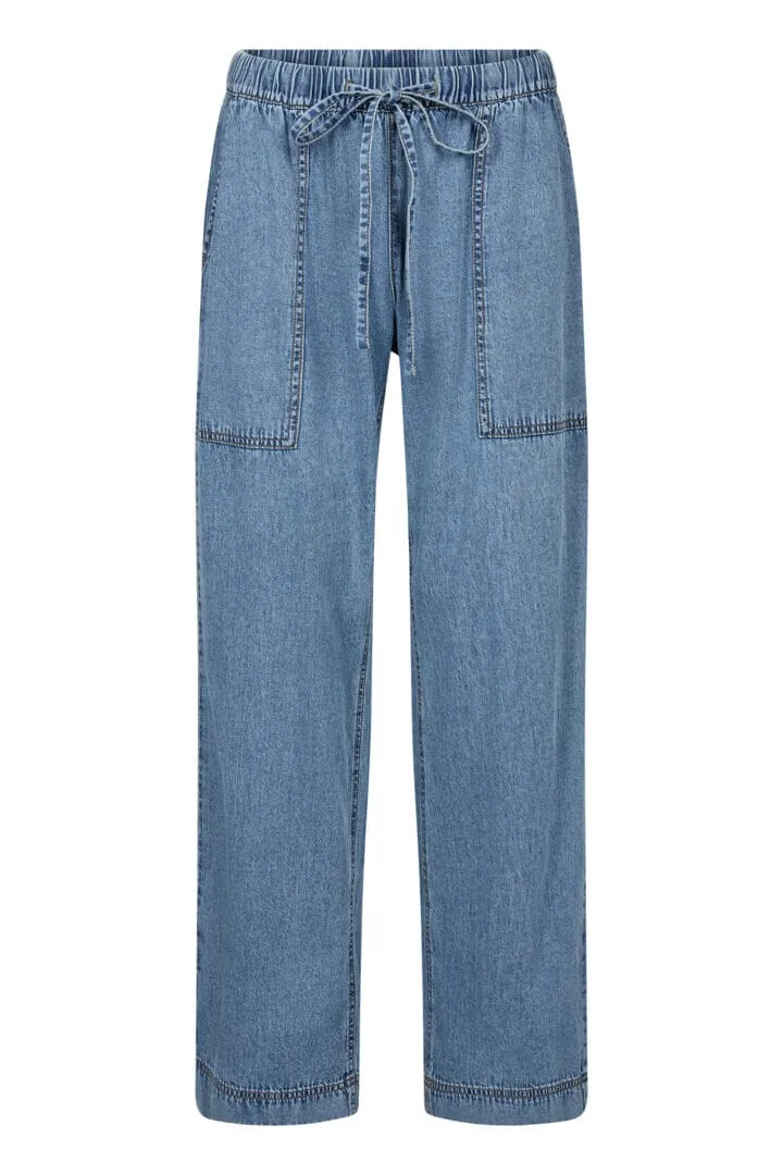 BLUE STONE WASH DRAWSTRING STRAIGHT LEG PANT