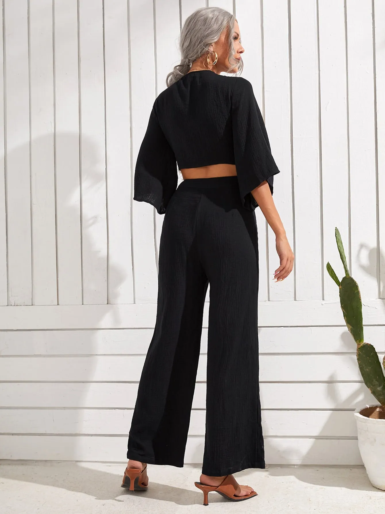 Boho Plain Tie Front Three Quarter Length Sleeve Deep V Neck Women Two-Piece Outfits