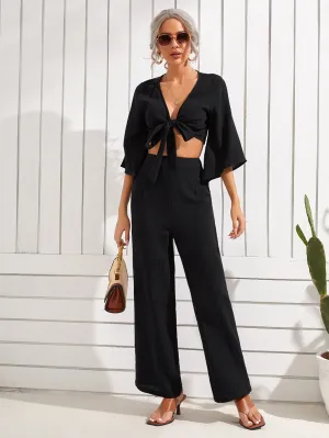 Boho Plain Tie Front Three Quarter Length Sleeve Deep V Neck Women Two-Piece Outfits