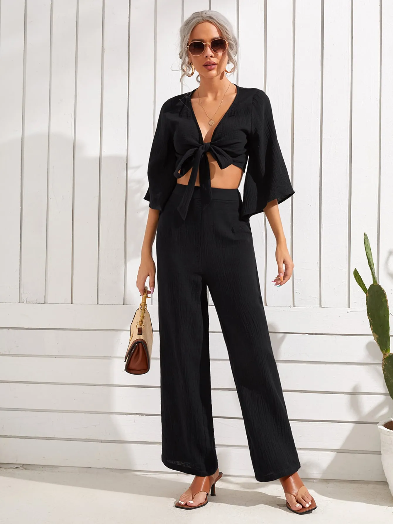 Boho Plain Tie Front Three Quarter Length Sleeve Deep V Neck Women Two-Piece Outfits