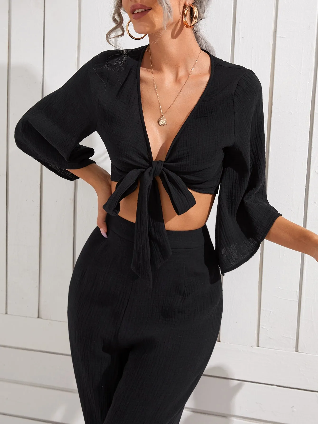 Boho Plain Tie Front Three Quarter Length Sleeve Deep V Neck Women Two-Piece Outfits