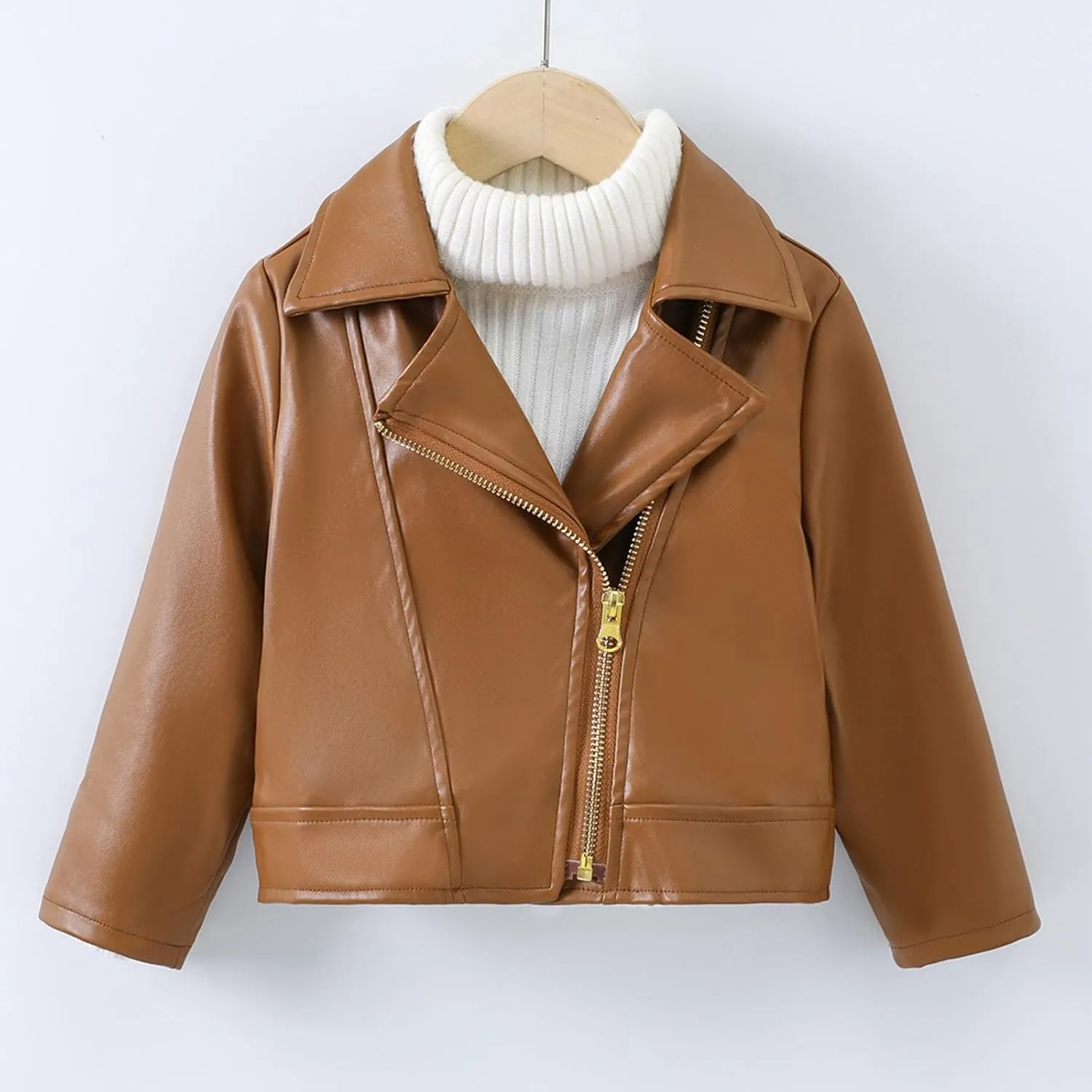 Boys Girls Leather Coat Autumn Winter Solid Color Long Sleeve Lapel Collar Zipper Jacket Party Birthday Gifts