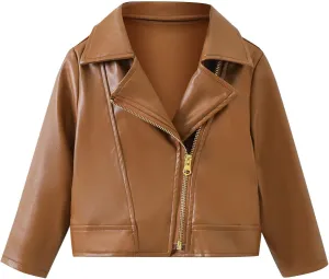 Boys Girls Leather Coat Autumn Winter Solid Color Long Sleeve Lapel Collar Zipper Jacket Party Birthday Gifts