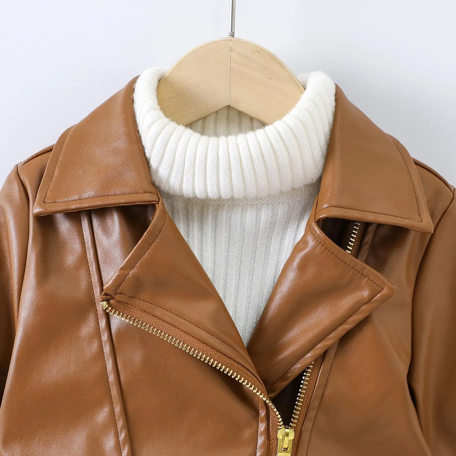 Boys Girls Leather Coat Autumn Winter Solid Color Long Sleeve Lapel Collar Zipper Jacket Party Birthday Gifts