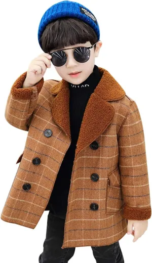 Boy's Pea Coat Faux Wool Double Breasted Trench Jacket Warm Plaid Peacoat for 2-10 Years