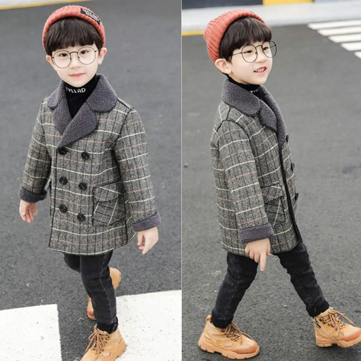 Boy's Pea Coat Faux Wool Double Breasted Trench Jacket Warm Plaid Peacoat for 2-10 Years
