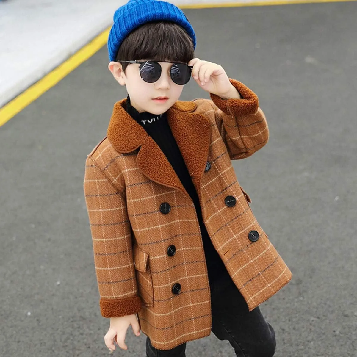 Boy's Pea Coat Faux Wool Double Breasted Trench Jacket Warm Plaid Peacoat for 2-10 Years