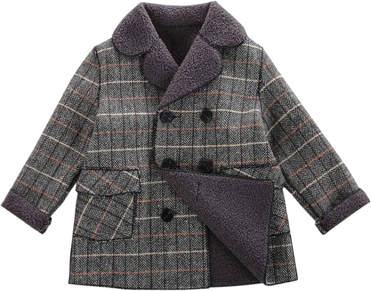 Boy's Pea Coat Faux Wool Double Breasted Trench Jacket Warm Plaid Peacoat for 2-10 Years
