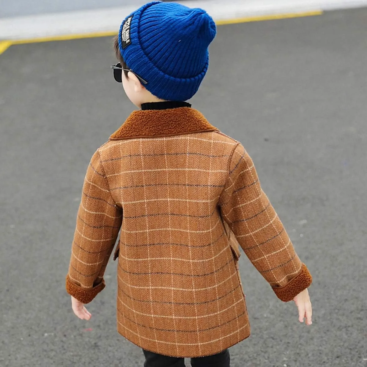 Boy's Pea Coat Faux Wool Double Breasted Trench Jacket Warm Plaid Peacoat for 2-10 Years