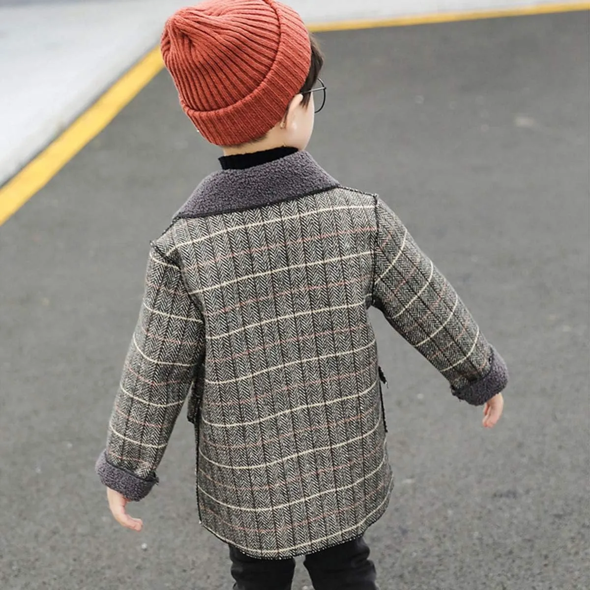 Boy's Pea Coat Faux Wool Double Breasted Trench Jacket Warm Plaid Peacoat for 2-10 Years