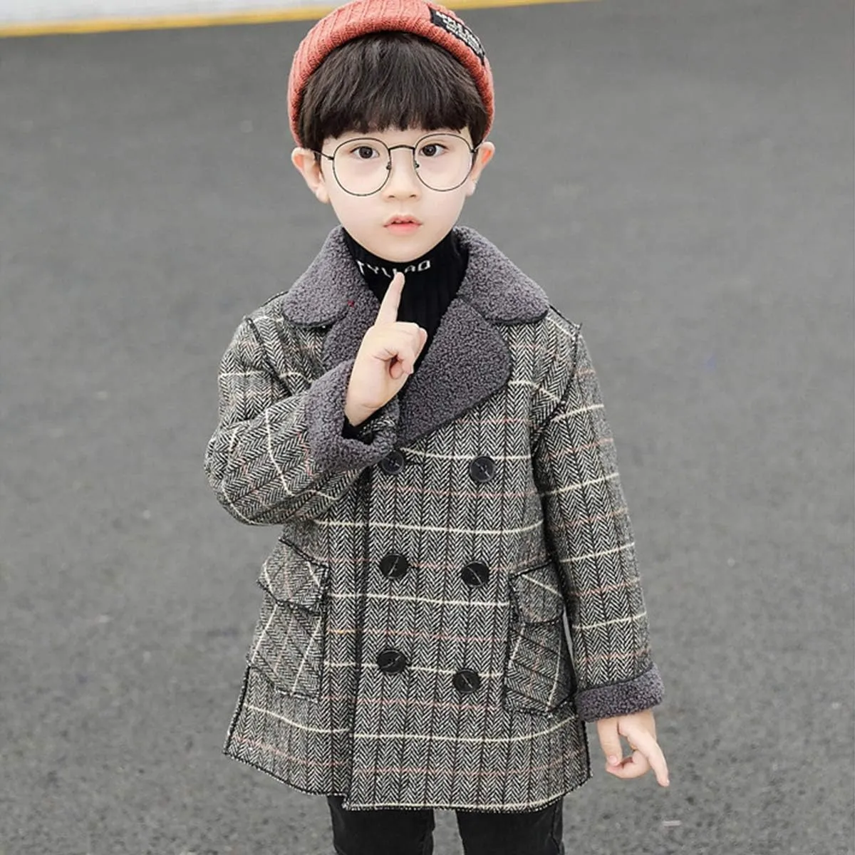 Boy's Pea Coat Faux Wool Double Breasted Trench Jacket Warm Plaid Peacoat for 2-10 Years
