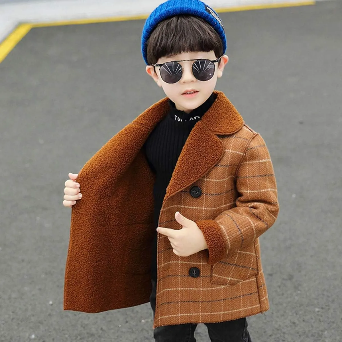 Boy's Pea Coat Faux Wool Double Breasted Trench Jacket Warm Plaid Peacoat for 2-10 Years