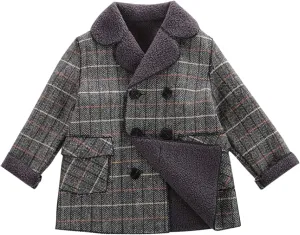 Boy's Pea Coat Faux Wool Double Breasted Trench Jacket Warm Plaid Peacoat for 2-10 Years