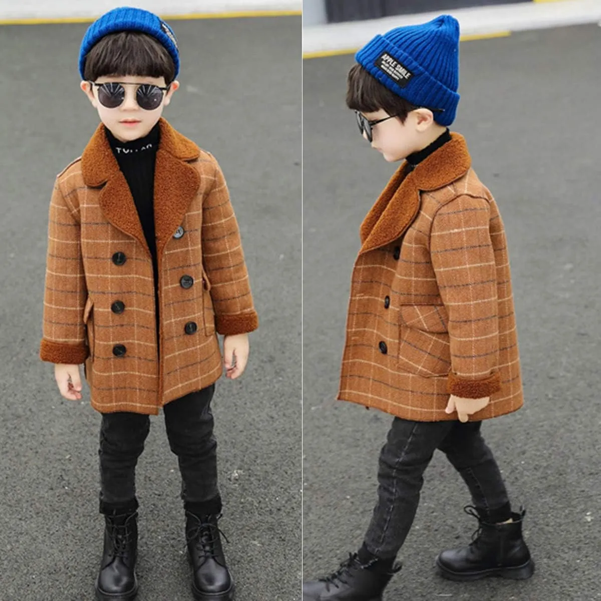 Boy's Pea Coat Faux Wool Double Breasted Trench Jacket Warm Plaid Peacoat for 2-10 Years