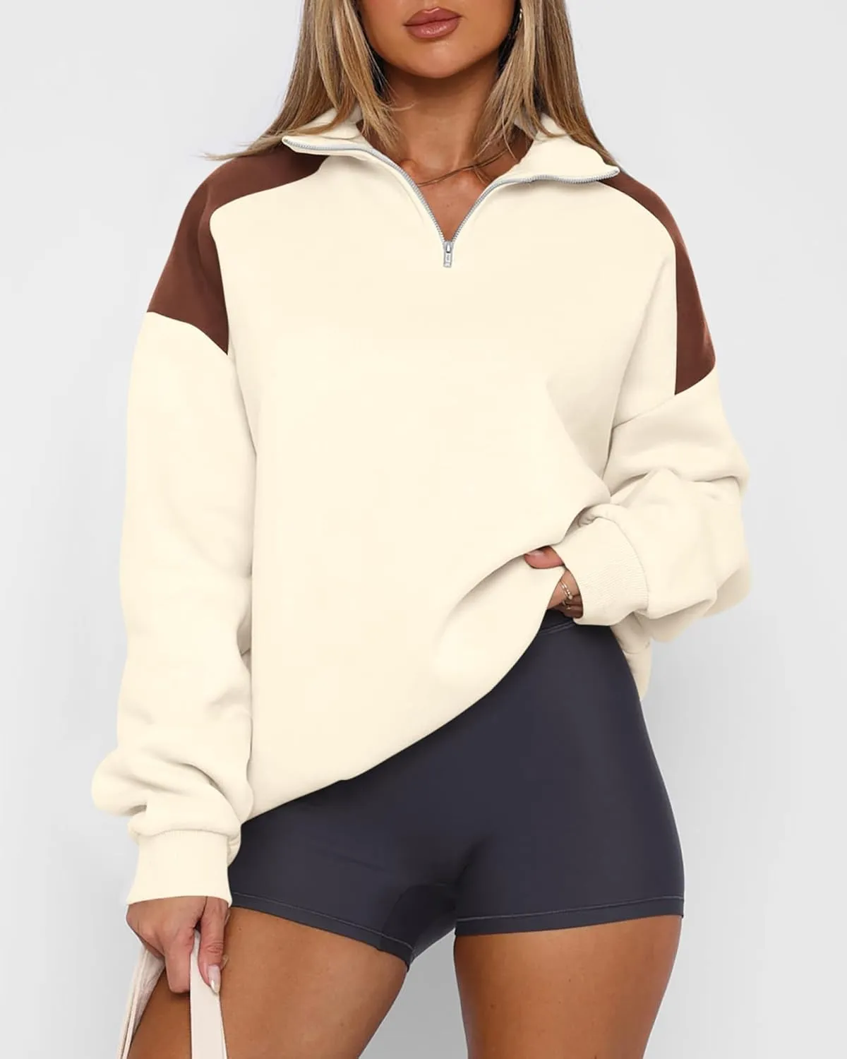 BTFBM Quarter Zip Sweatshirts For Women 2024 Fall Fashion Long Sleeve Color Block Casual Y2k Activewear Pullover Tops