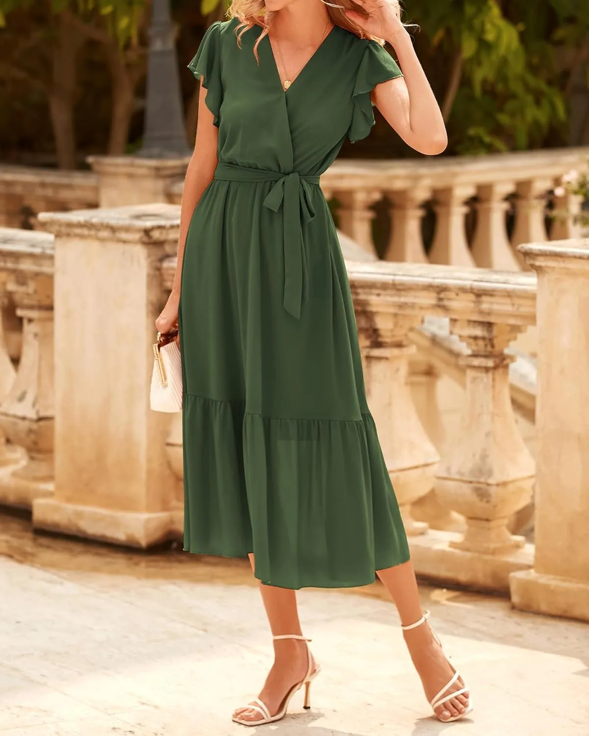 BTFBM Women Summer Bohemian Floral Casual Wrap V Neck Ruffle Cap Sleeveless Belt A-Line Pleated Hem Midi Sun Dress White
