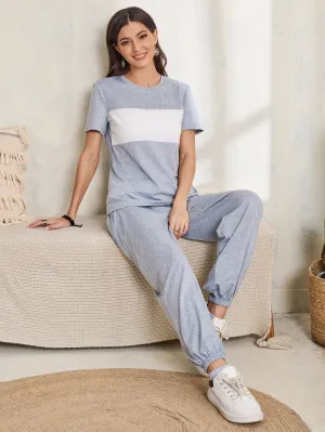 Casual Colorblock Pocket Short Sleeve Round Neck Women Two-Piece Outfits