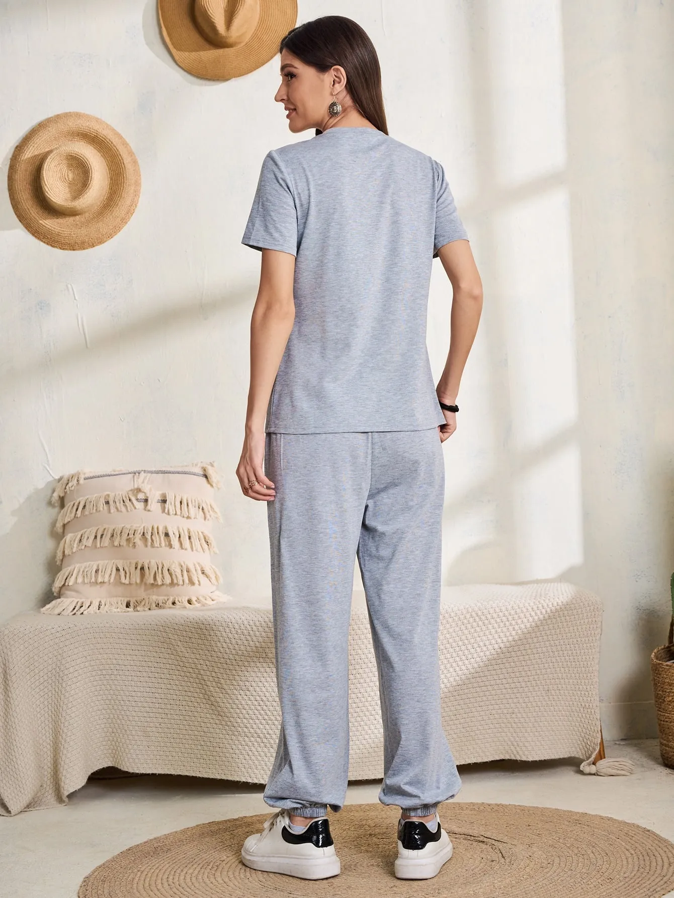 Casual Colorblock Pocket Short Sleeve Round Neck Women Two-Piece Outfits
