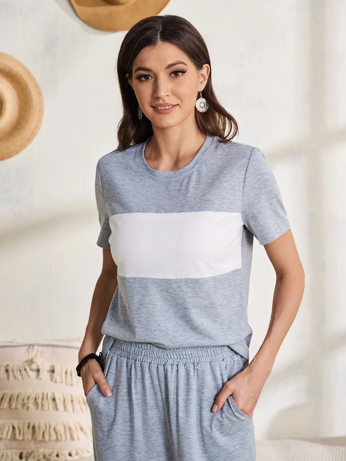 Casual Colorblock Pocket Short Sleeve Round Neck Women Two-Piece Outfits
