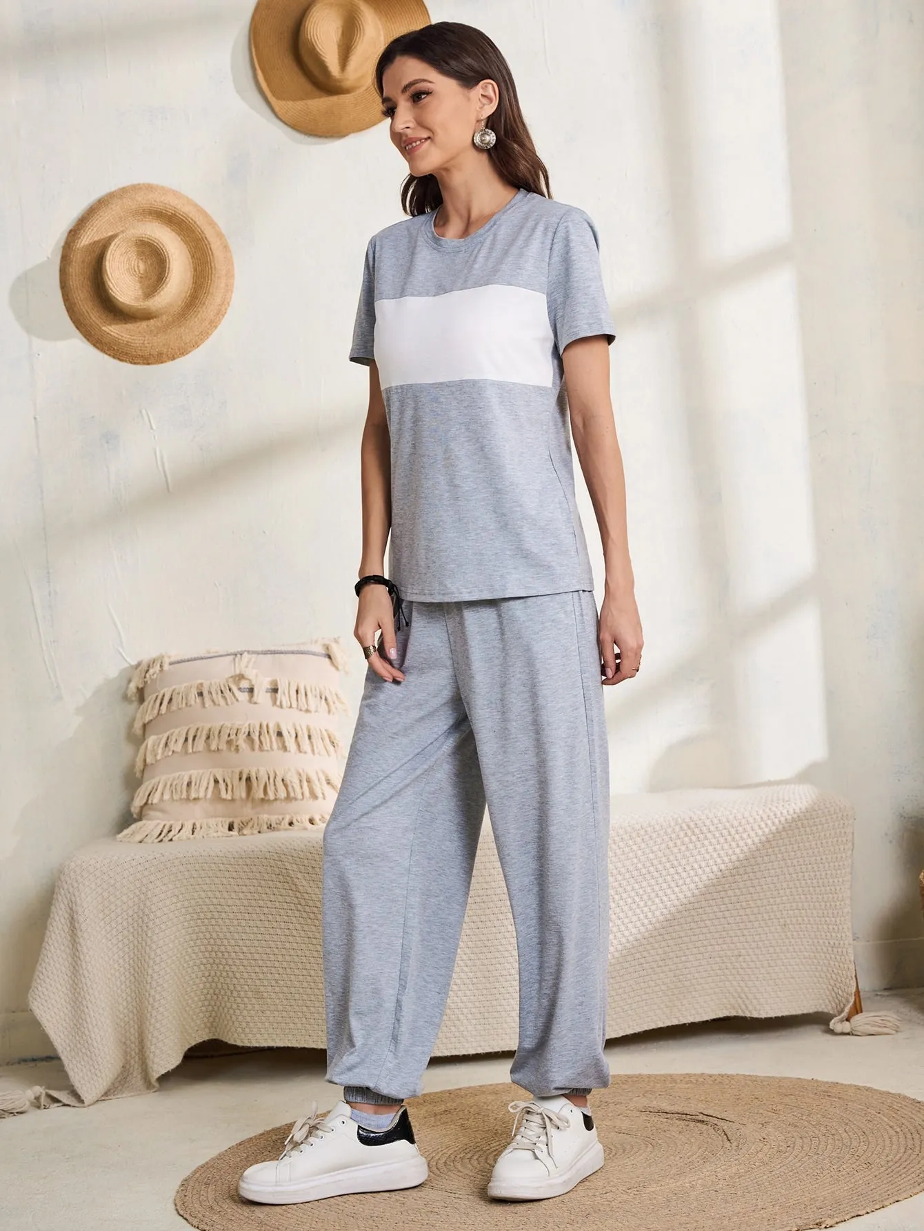 Casual Colorblock Pocket Short Sleeve Round Neck Women Two-Piece Outfits