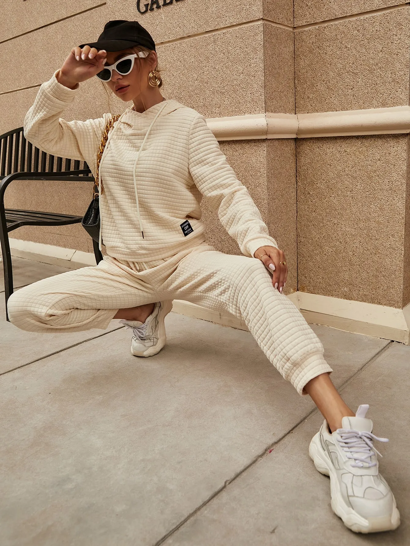 Casual Plain Drawstring Long Sleeve Hooded Women Two-Piece Outfits