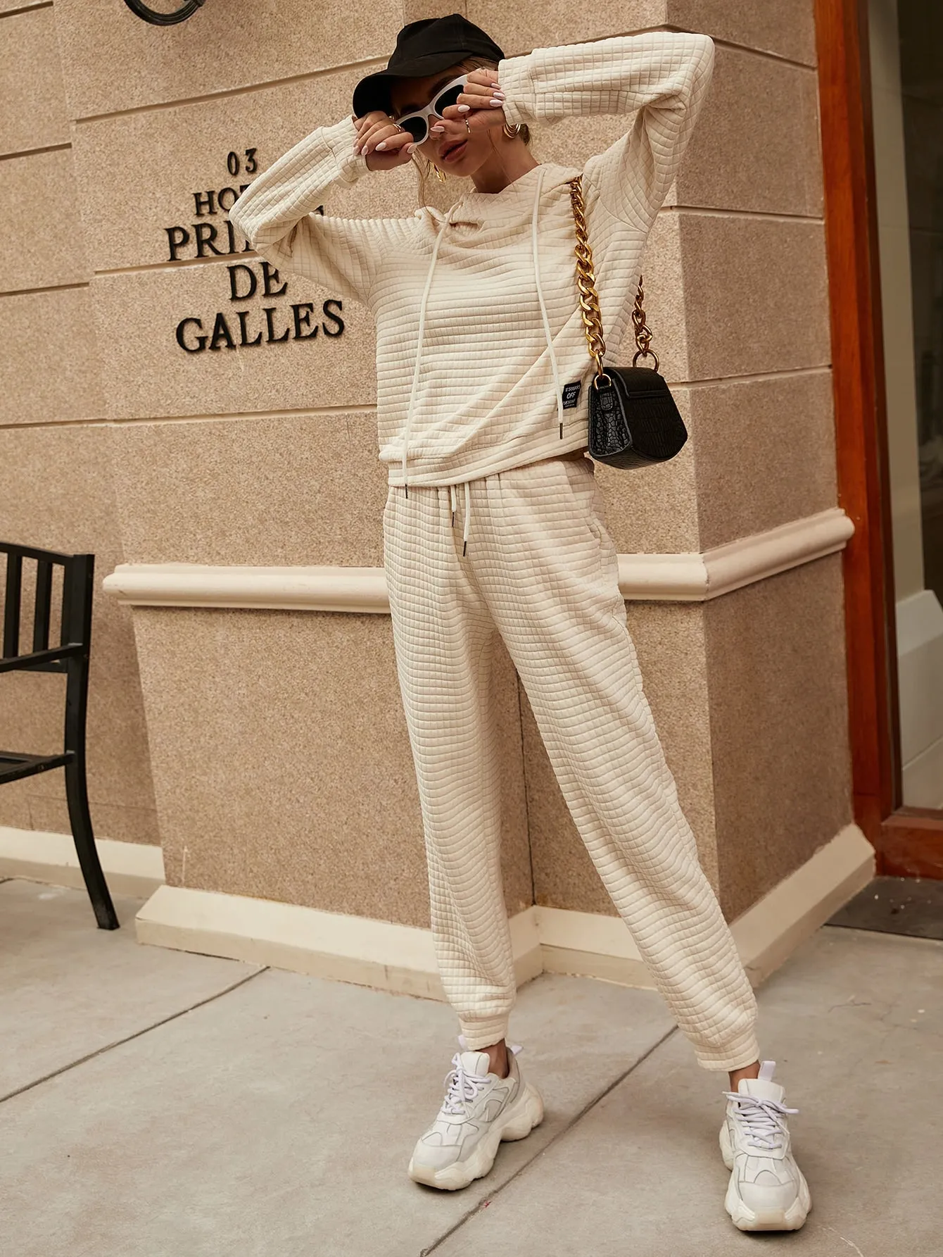 Casual Plain Drawstring Long Sleeve Hooded Women Two-Piece Outfits