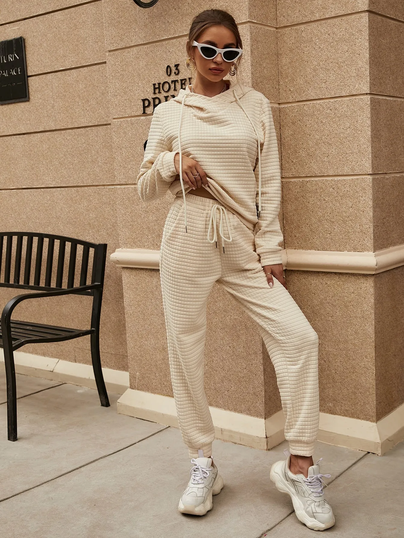 Casual Plain Drawstring Long Sleeve Hooded Women Two-Piece Outfits