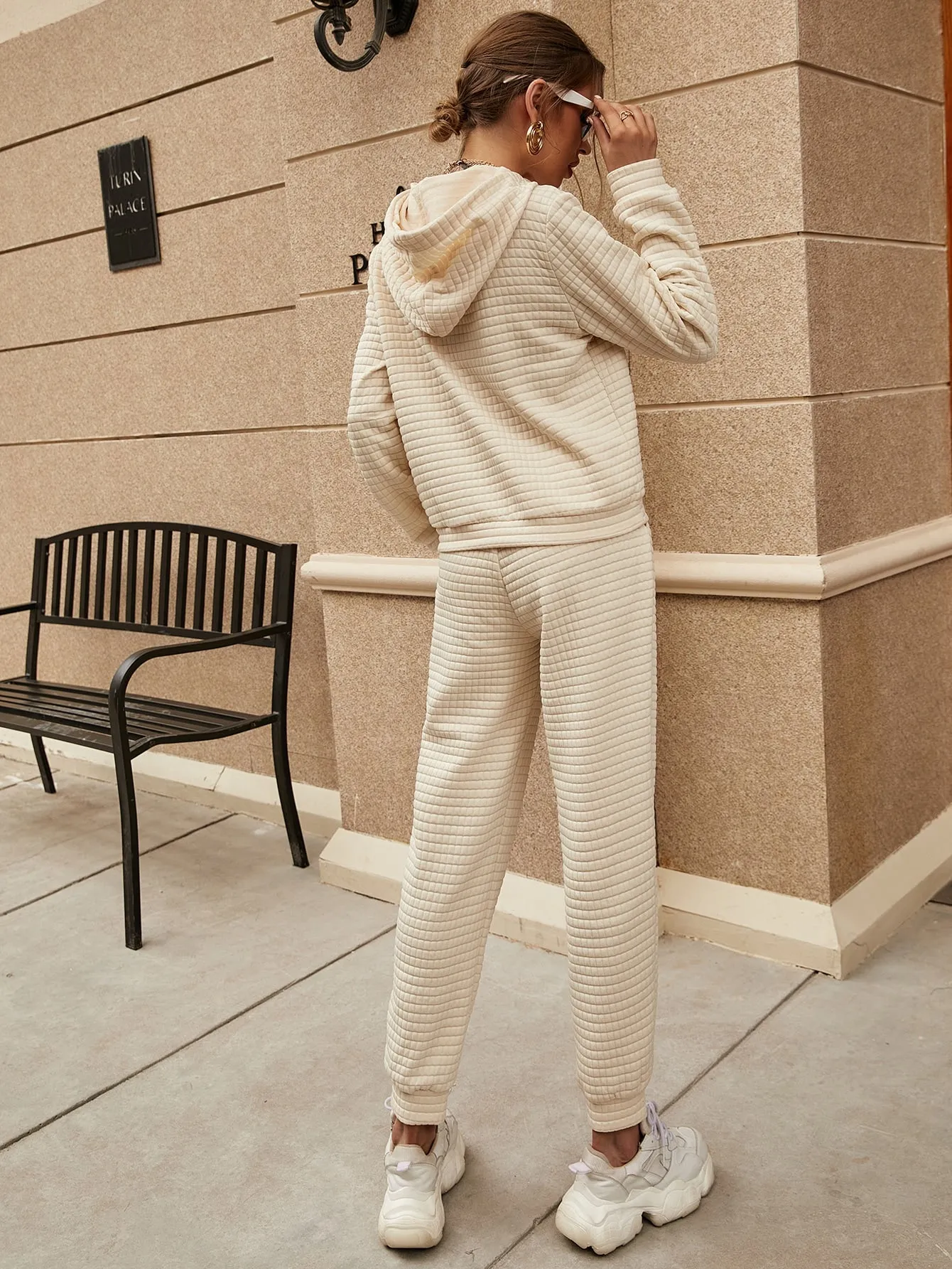 Casual Plain Drawstring Long Sleeve Hooded Women Two-Piece Outfits