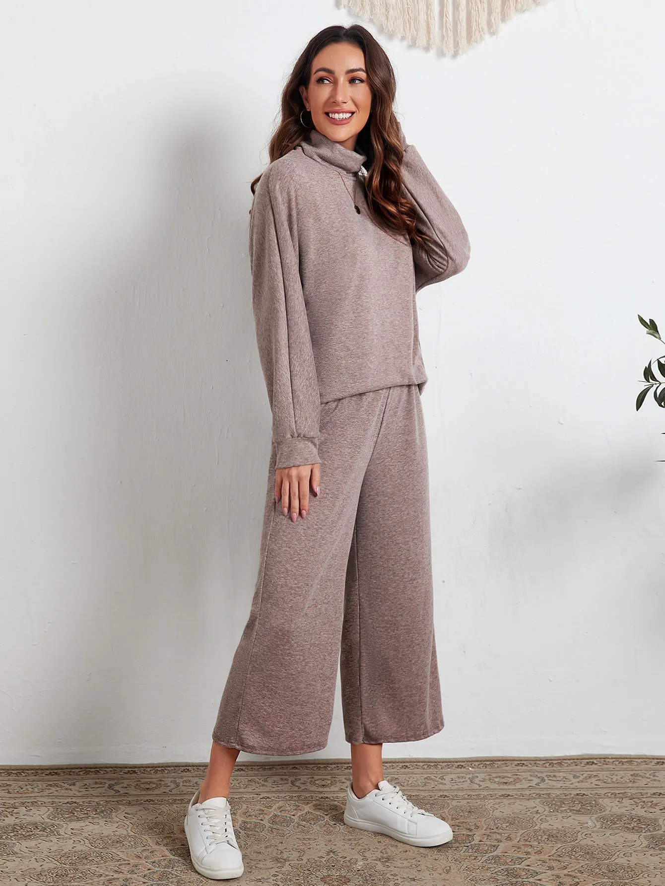 Casual Plain Long Sleeve Funnel Neck Women Two-Piece Outfits