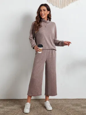 Casual Plain Long Sleeve Funnel Neck Women Two-Piece Outfits