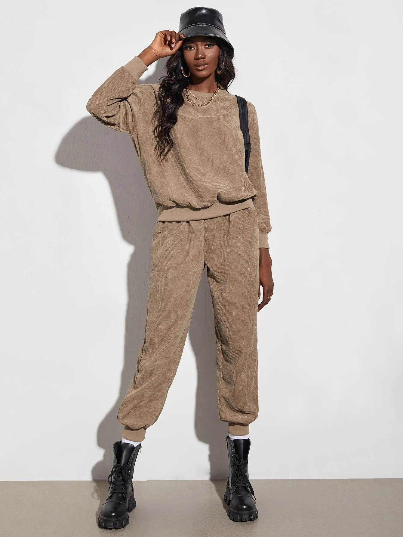 Casual Plain Long Sleeve Round Neck Women Two-Piece Outfits