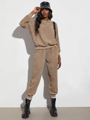 Casual Plain Long Sleeve Round Neck Women Two-Piece Outfits