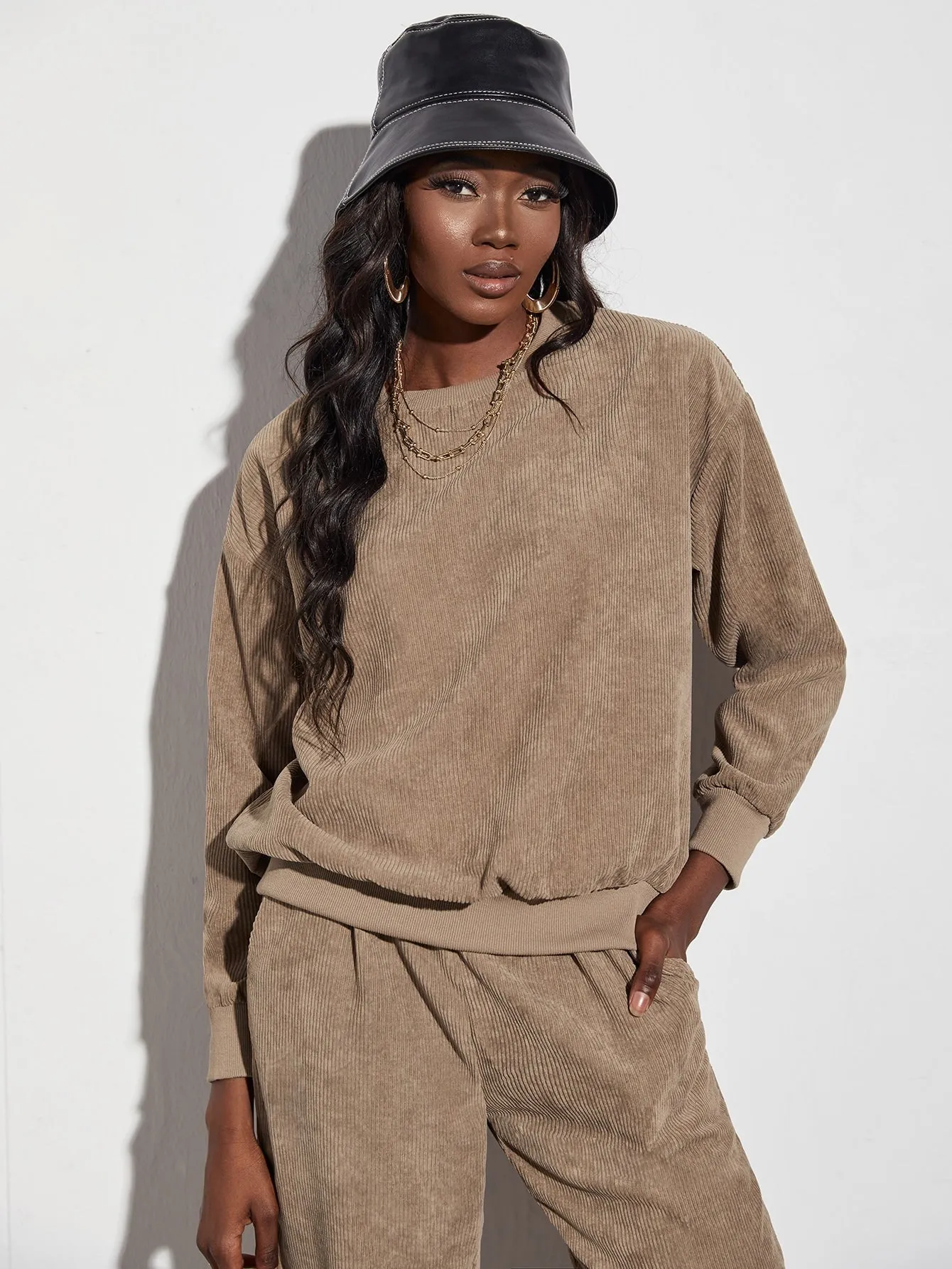 Casual Plain Long Sleeve Round Neck Women Two-Piece Outfits
